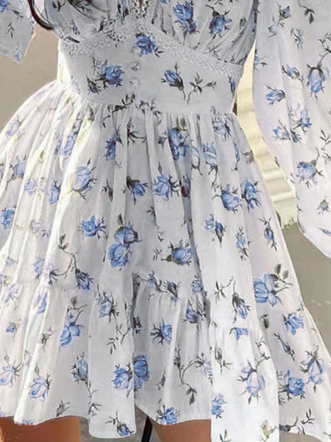 Lace Detail V-Neck Balloon Sleeve Dress - The Goddess Galleries