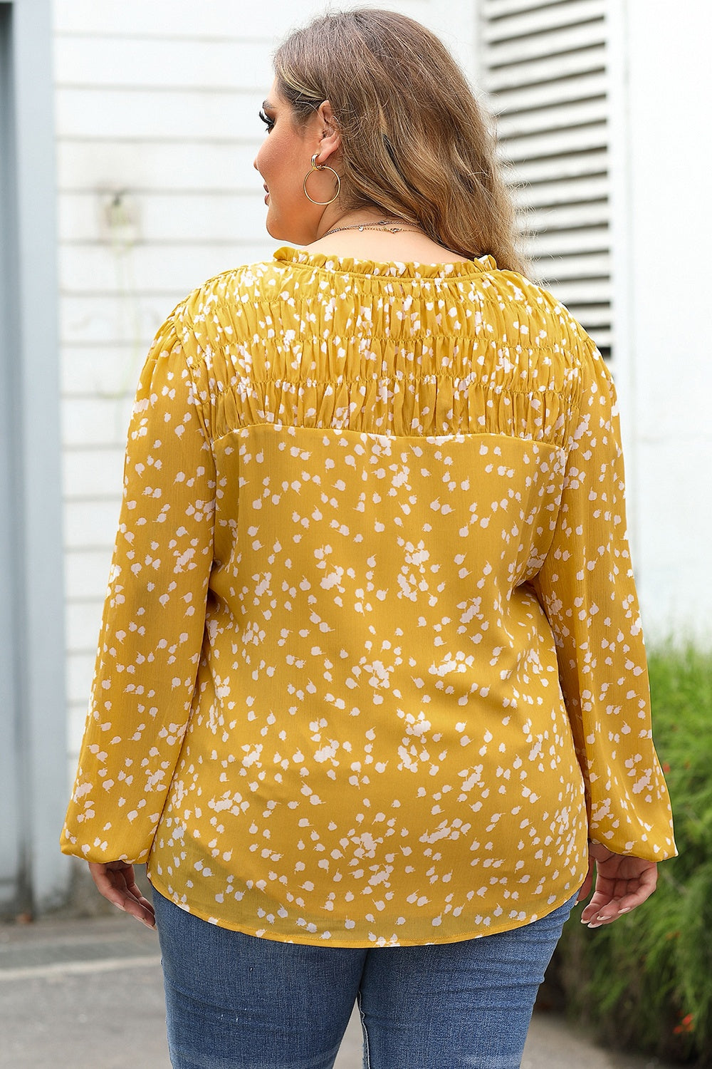 Plus Size Notched Neck Smocked Blouse - The Goddess Galleries