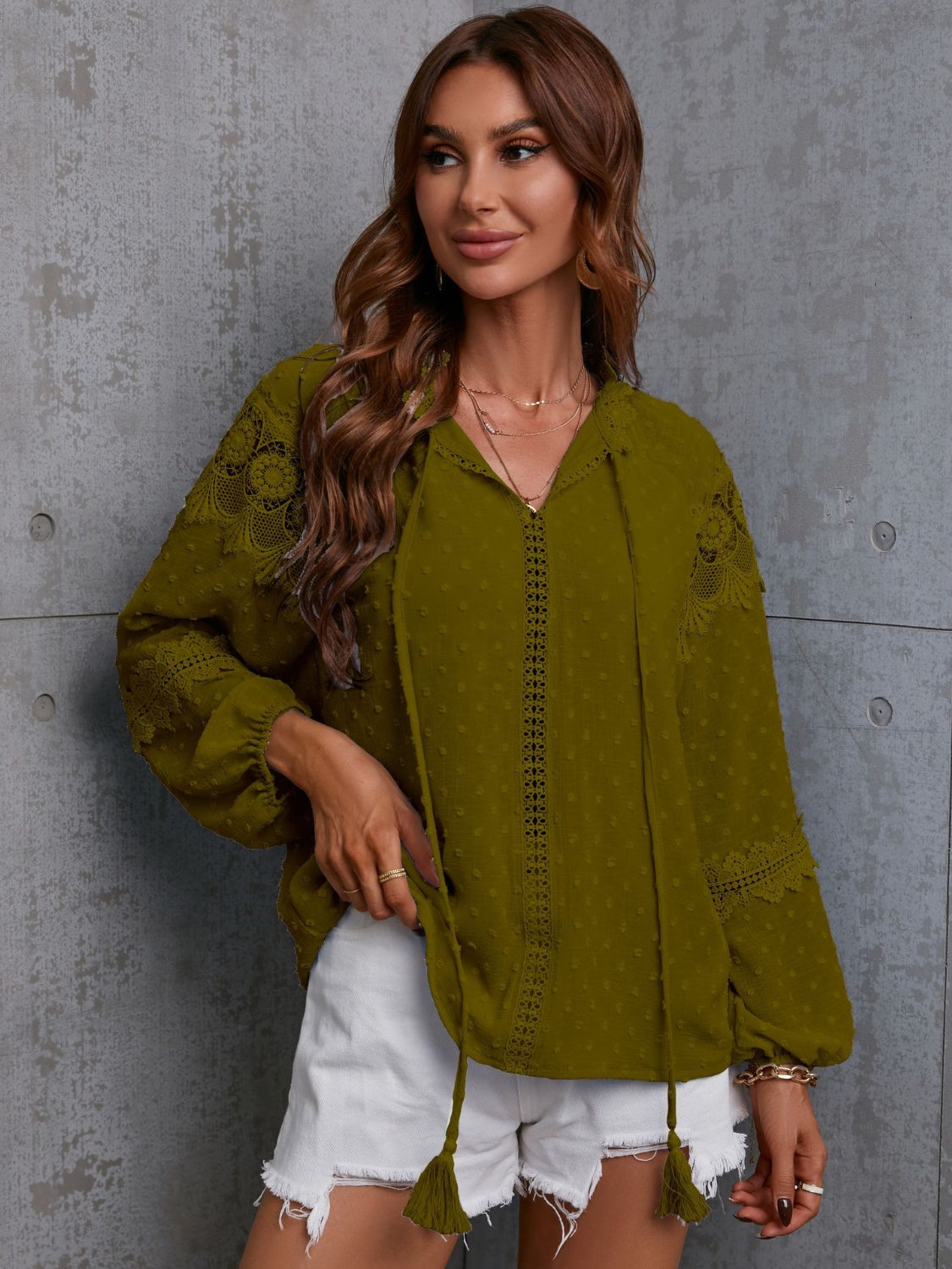 Crochet Tassel Tie Neck Long Sleeve Blouse - The Goddess Galleries