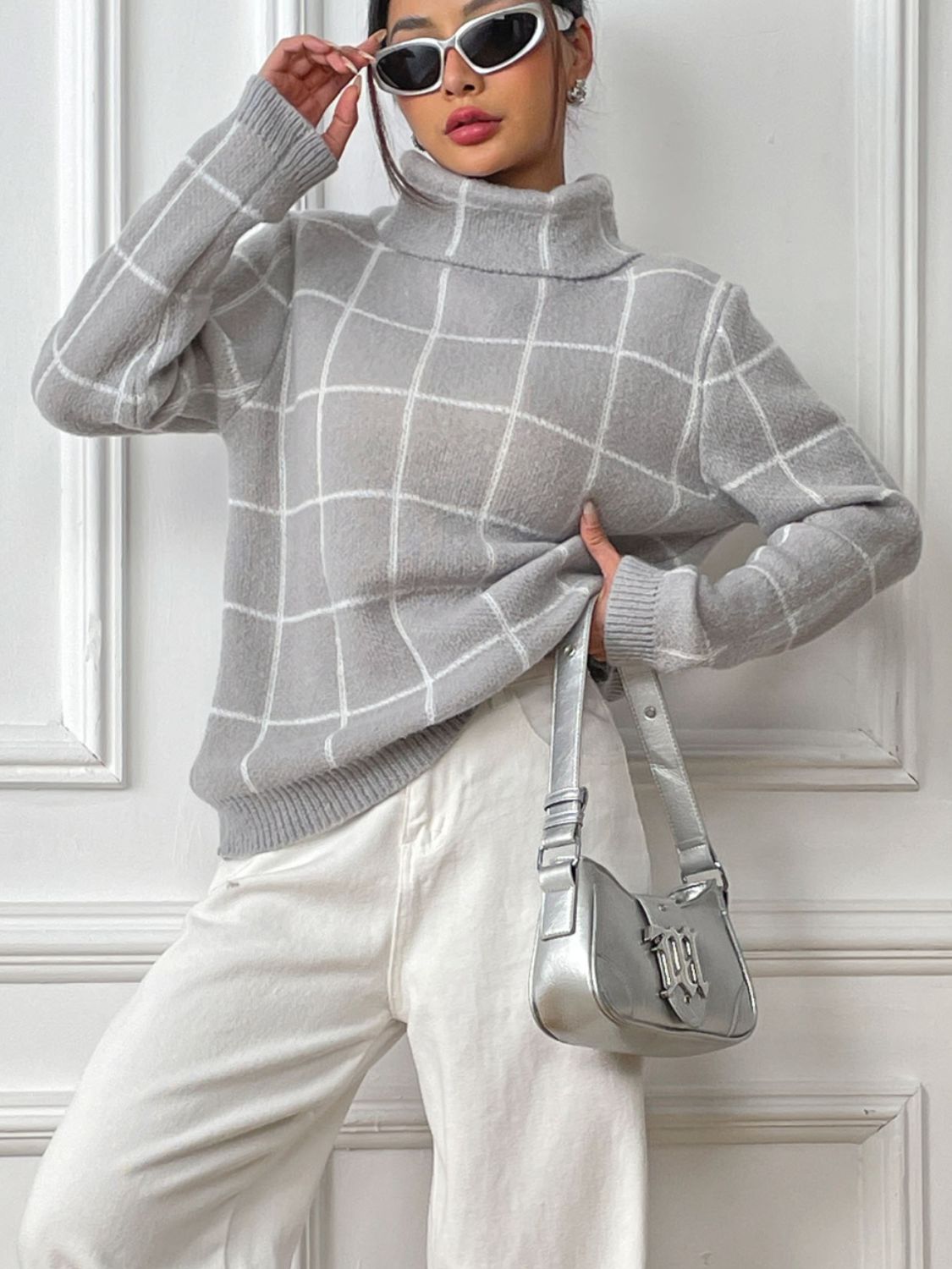 Plaid Turtleneck Long Sleeve Sweater - The Goddess Galleries