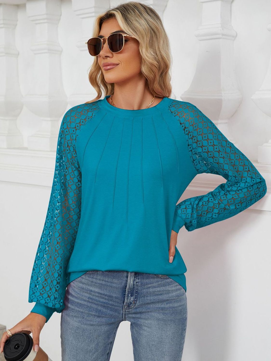 Round Neck Lace Long Sleeve Top - The Goddess Galleries