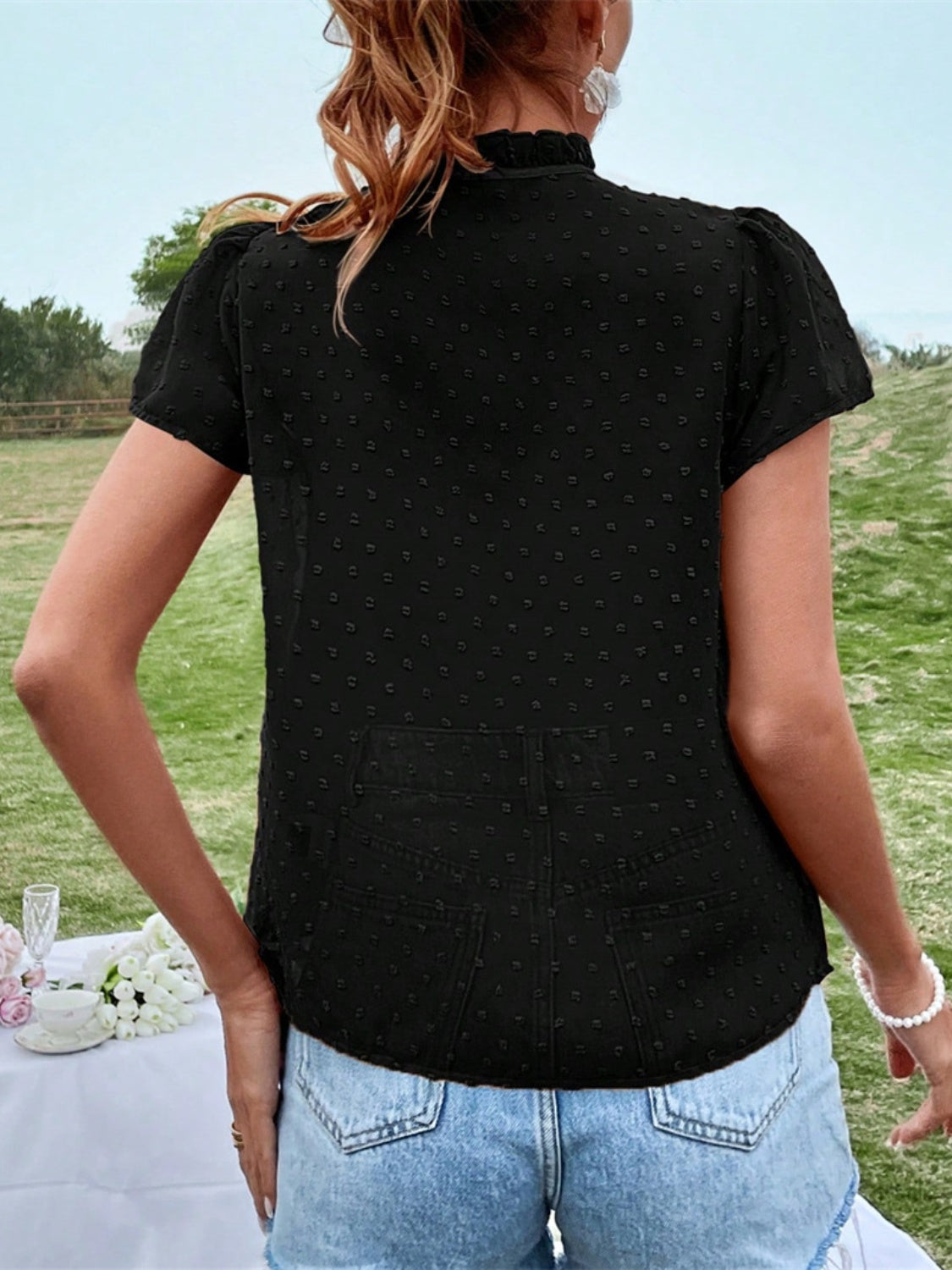 Frill Swiss Dot Tie Neck Short Sleeve Blouse - The Goddess Galleries