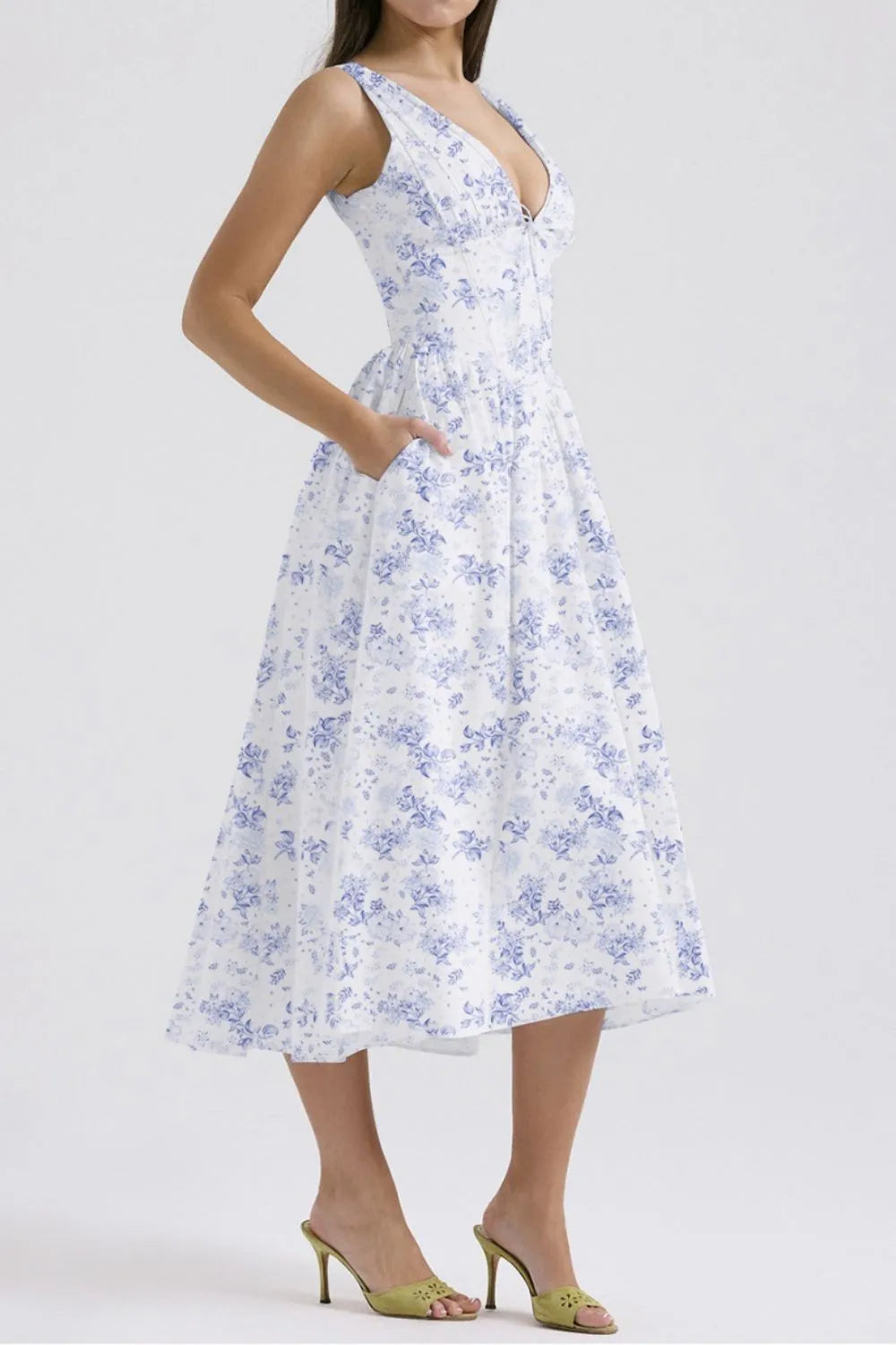 Floral V-Neck Sleeveless Midi Dress with Pockets - The Goddess Galleries