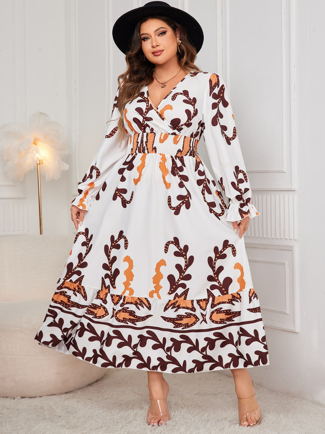 Honey Plus Size Printed Surplice Flounce Sleeve Dress - The Goddess Galleries