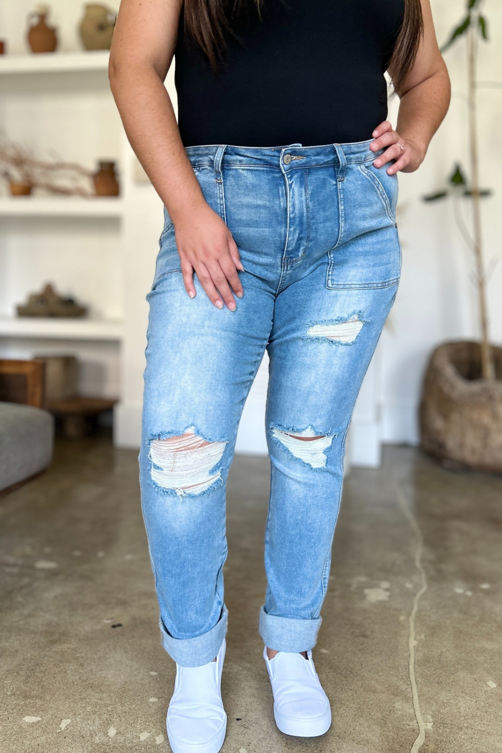 Judy Blue Full Size Distressed Straight Jeans with Patch Pockets - The Goddess Galleries