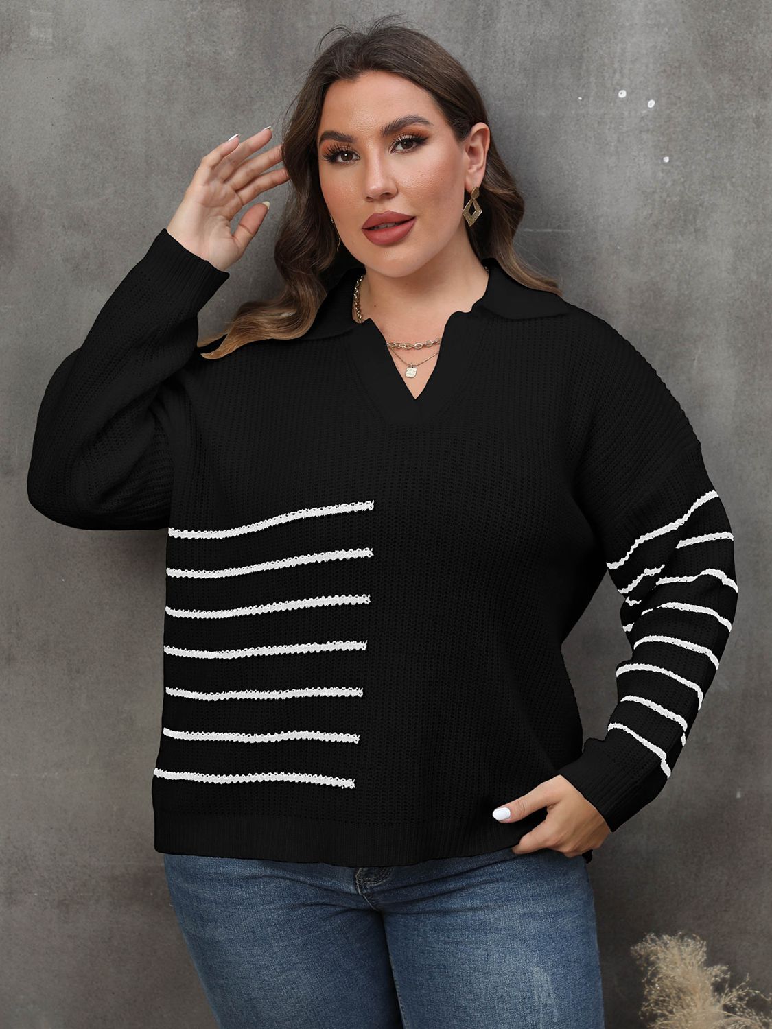 Plus Size Striped V-Neck Sweater - The Goddess Galleries