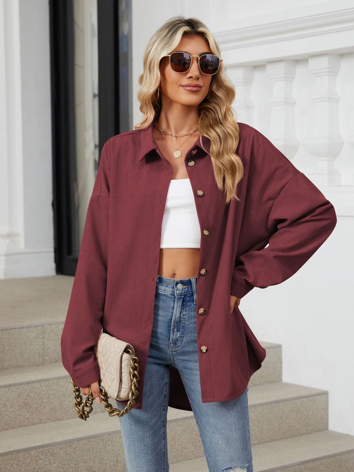 Collared Neck Long Sleeve Dropped Shoulder Shirt - The Goddess Galleries
