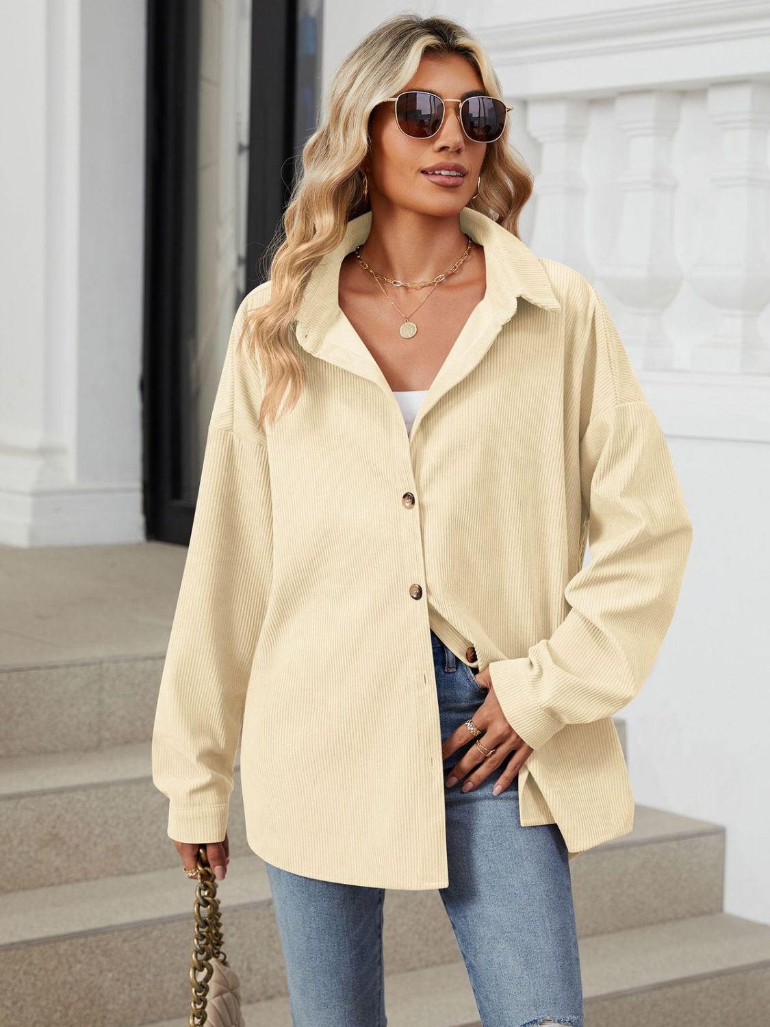 Collared Neck Long Sleeve Dropped Shoulder Shirt - The Goddess Galleries