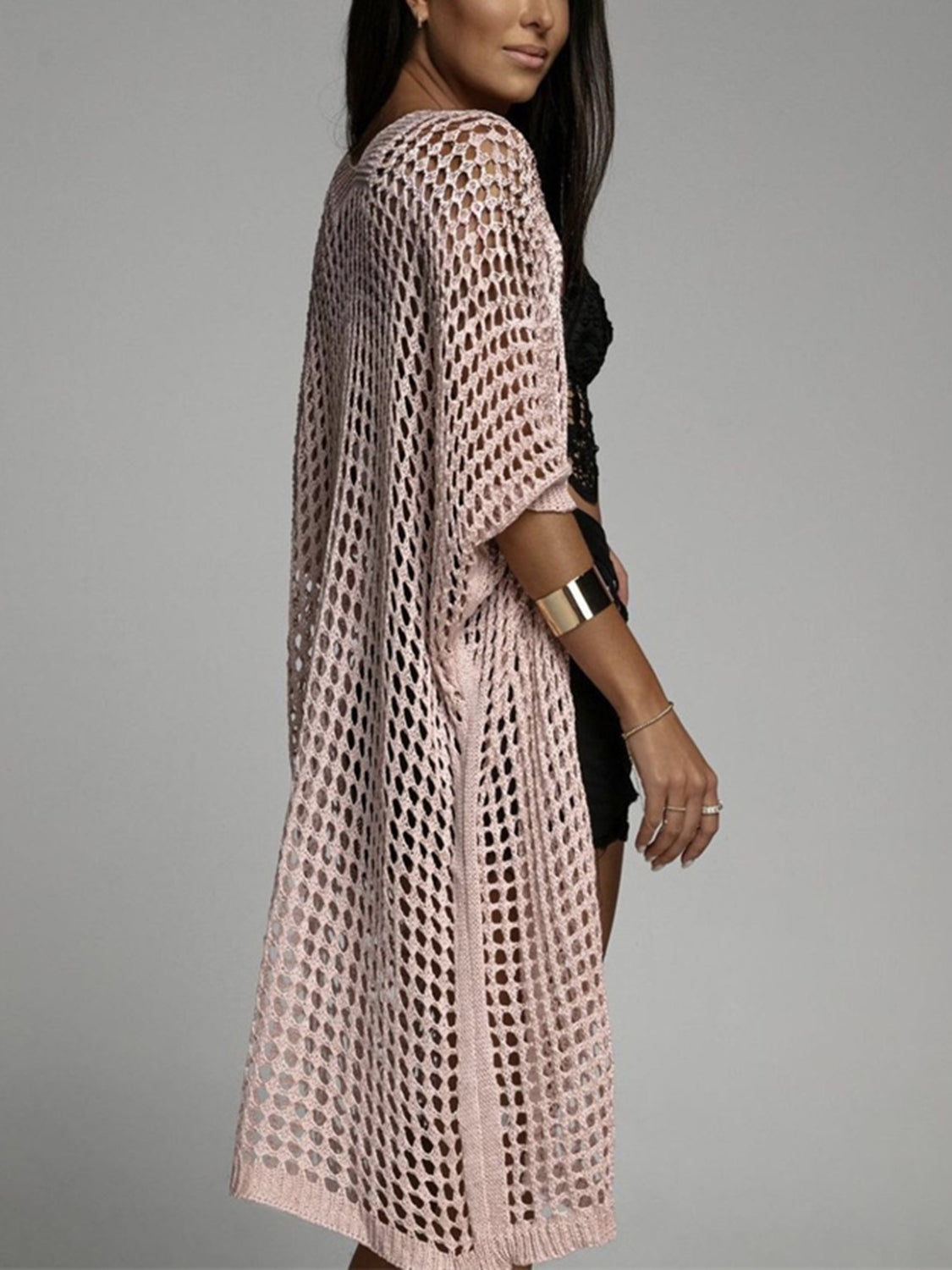 Openwork Open Front Three-Quarter Sleeve Cover Up - The Goddess Galleries
