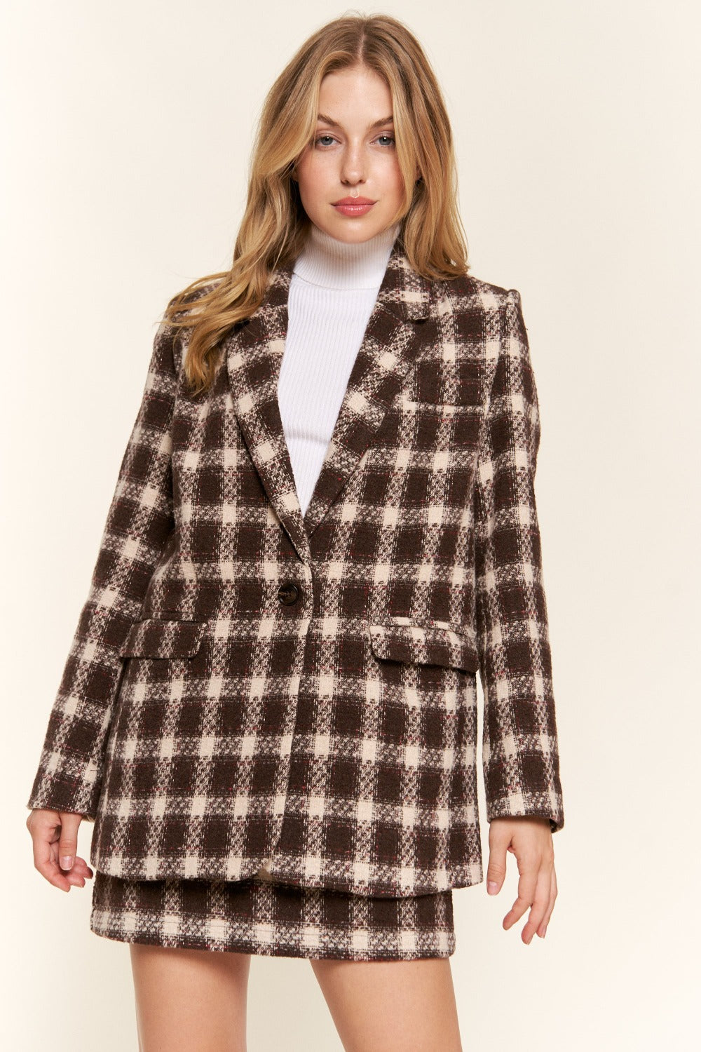 And The Why Full Size Plaid Brushed One Button Blazer - The Goddess Galleries