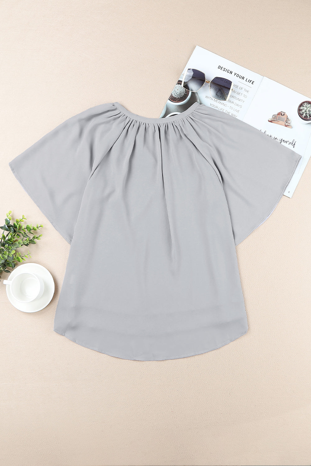 Gathered Detail Notched Neck Flutter Sleeve Top - The Goddess Galleries