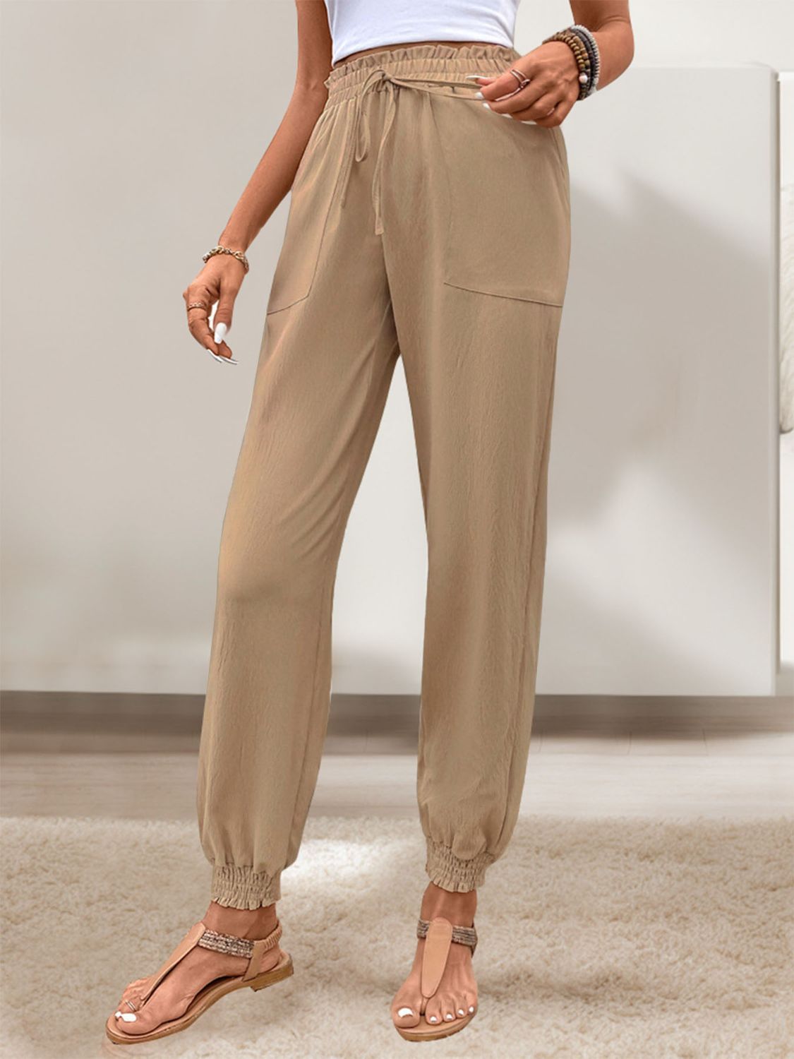 Perfee Tied Elastic Waist Pants with Pockets - The Goddess Galleries