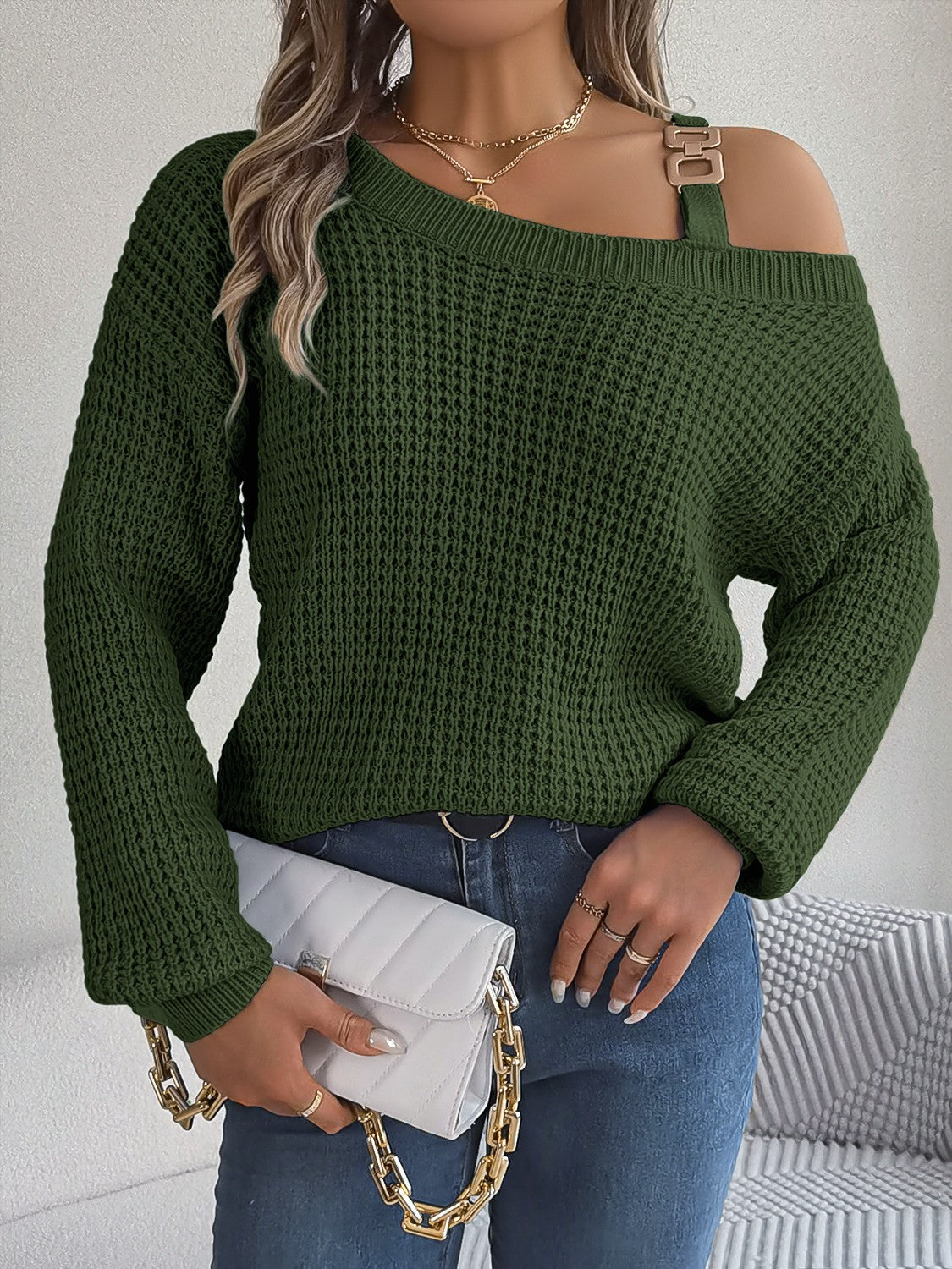 Asymmetrical Neck Long Sleeve Sweater - The Goddess Galleries