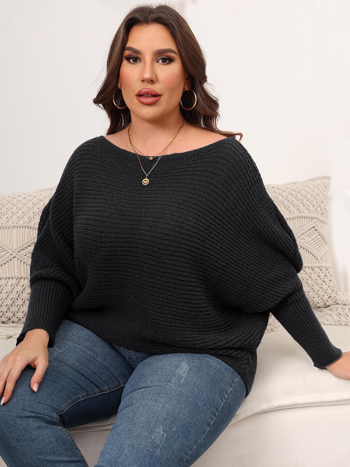 Full Size Boat Neck Batwing Sleeve Sweater - The Goddess Galleries