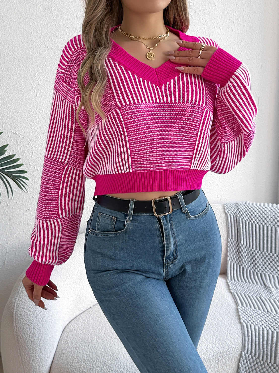 Striped V-Neck Long Sleeve Sweater - The Goddess Galleries