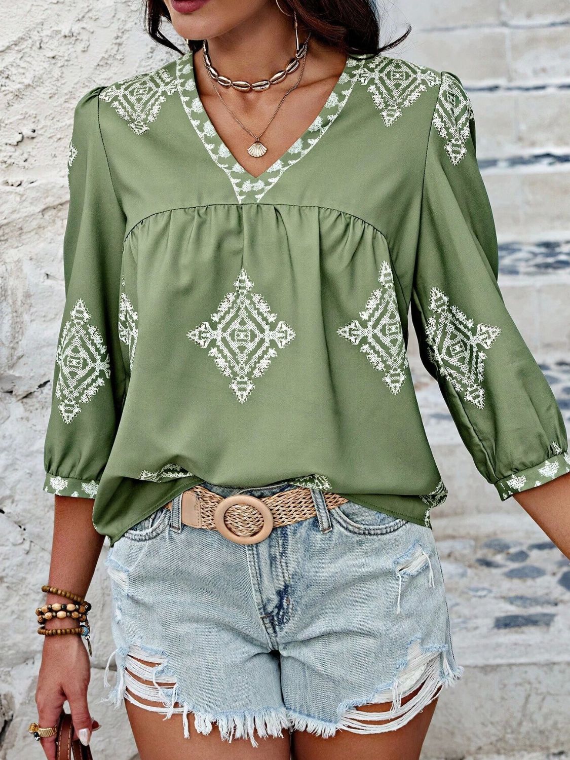 Printed V-Neck Three-Quarter Sleeve Blouse - The Goddess Galleries