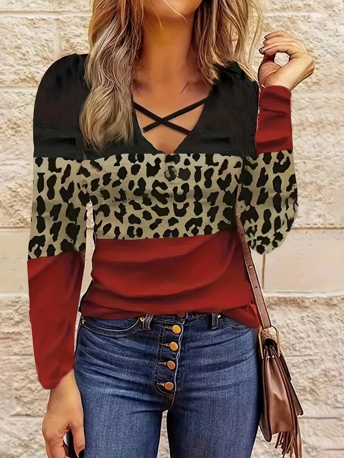 Crisscross Color Block Long Sleeve T-Shirt - The Goddess Galleries