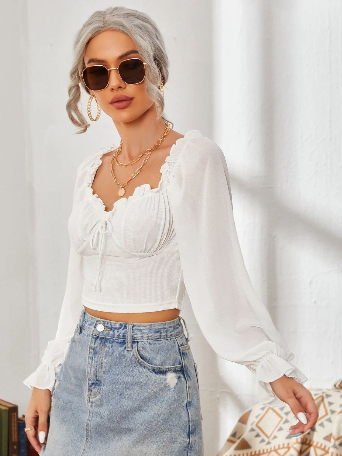 Mesh Sweetheart Neck Flounce Sleeve Top - The Goddess Galleries