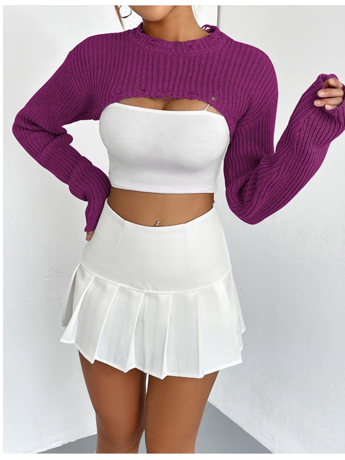 Distressed Long Sleeve Cropped Sweater - The Goddess Galleries