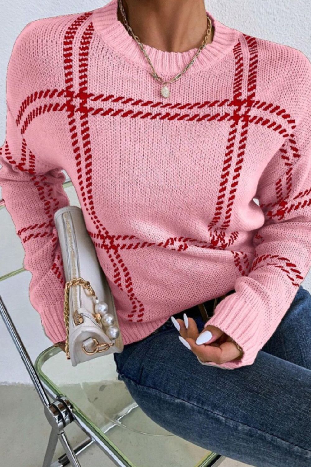 Contrast Round Neck Long Sleeve Sweater - The Goddess Galleries