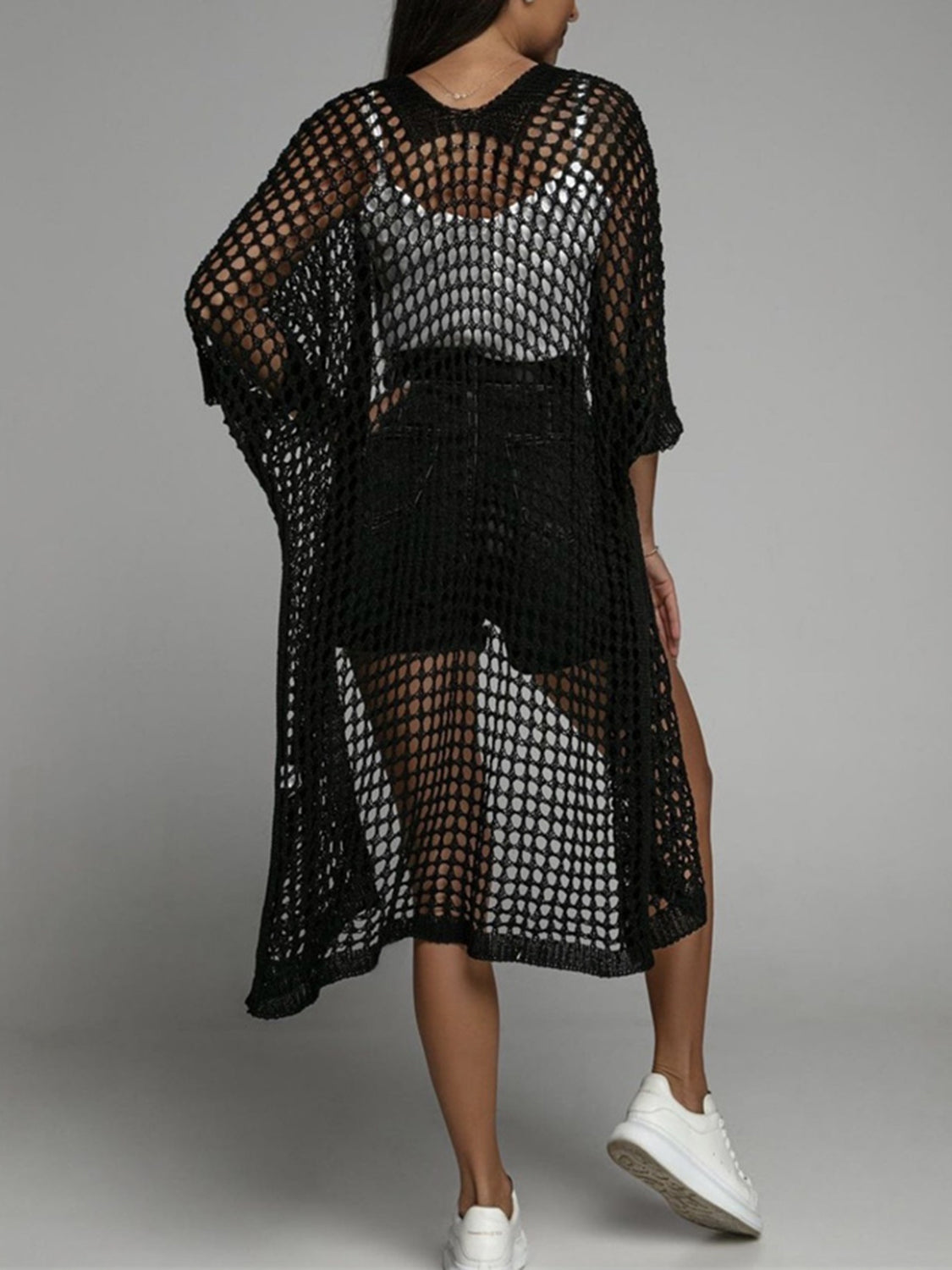 Openwork Open Front Three-Quarter Sleeve Cover Up - The Goddess Galleries