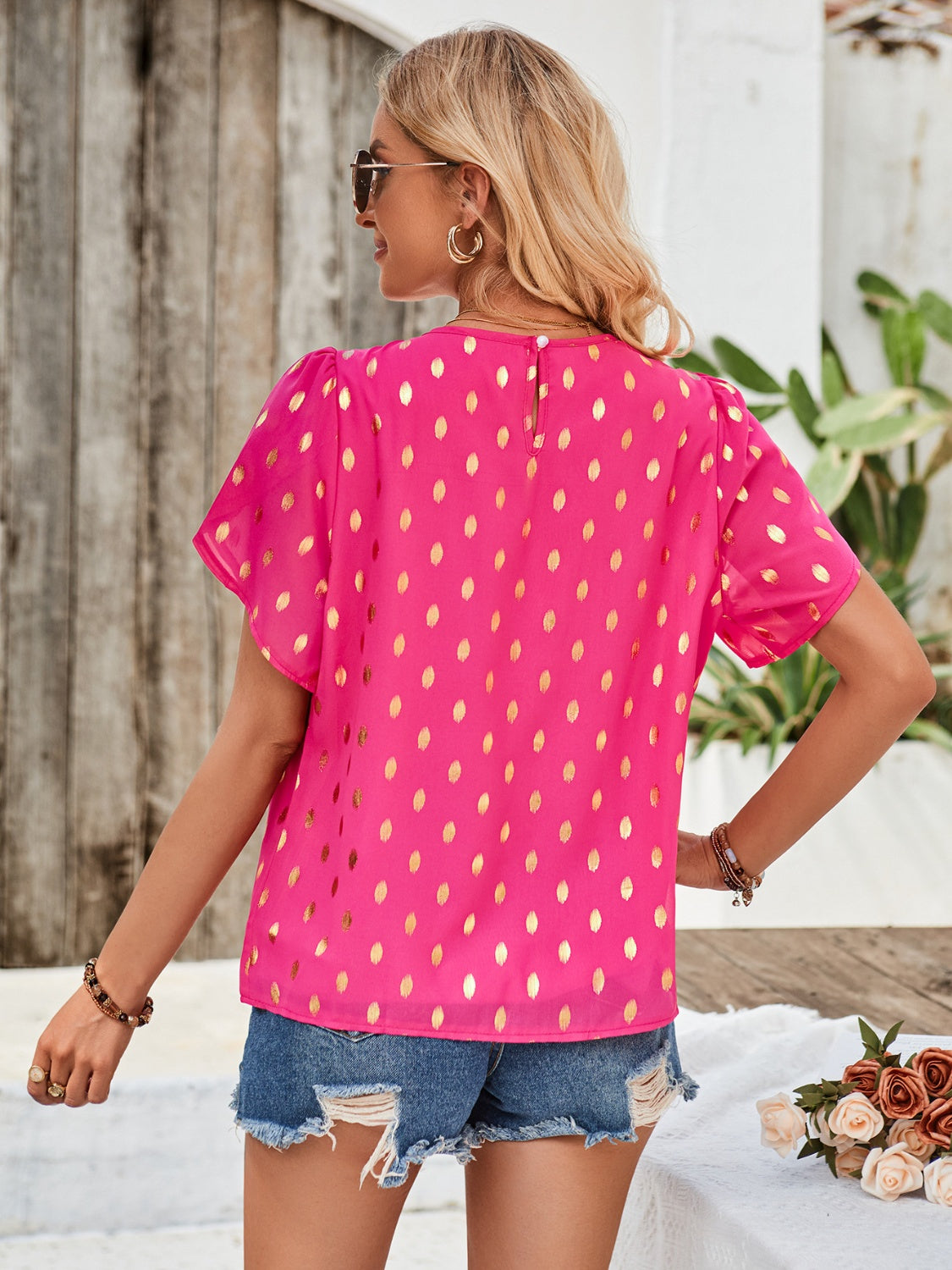 Printed Round Neck Petal Sleeve Blouse - The Goddess Galleries