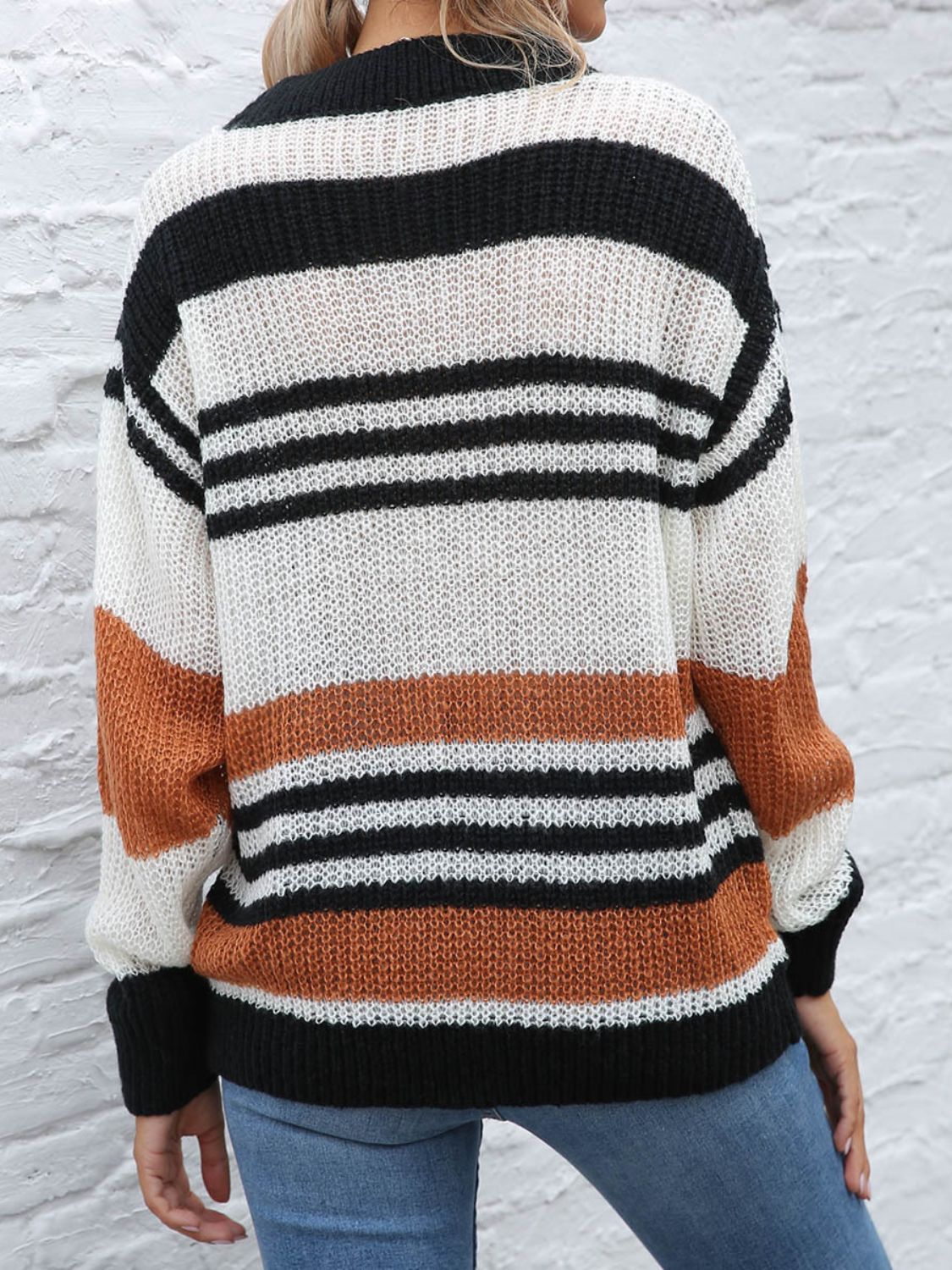 Contrast Striped Round Neck Long Sleeve Sweater - The Goddess Galleries