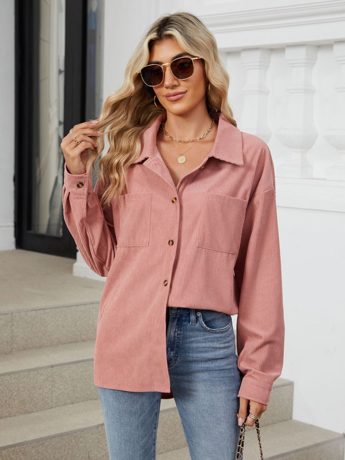 Button Up Long Sleeve Shirt with Breast Pockets - The Goddess Galleries