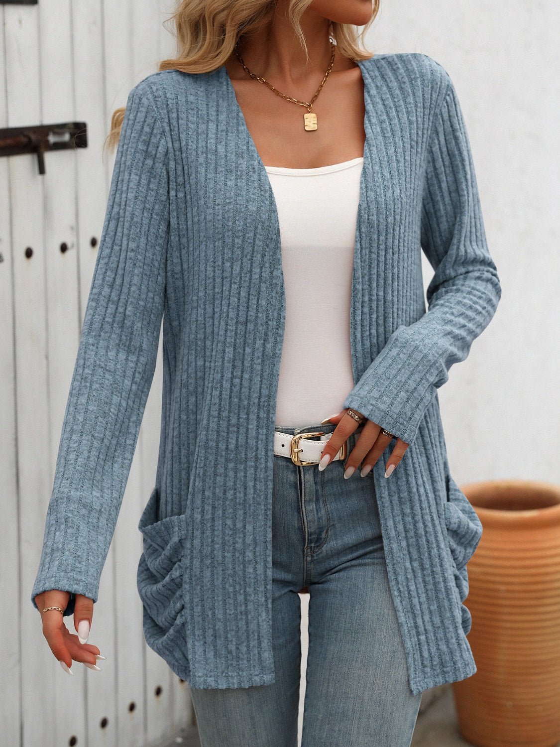 Mandy Open Front Long Sleeve Ribbed Cardigan - The Goddess Galleries