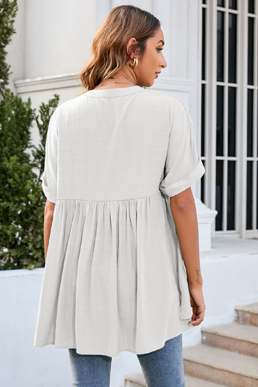 Ruched Notched Short Sleeve Blouse - The Goddess Galleries