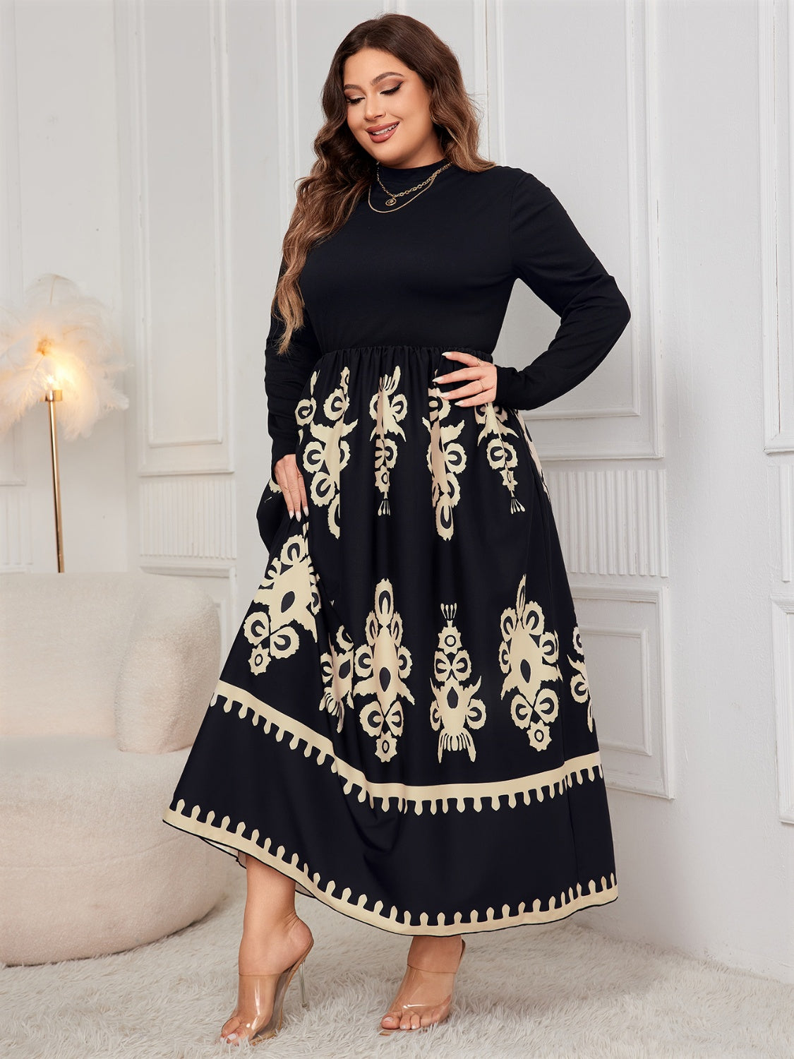 Honey Plus Size Printed Mock Neck Long Sleeve Dress - The Goddess Galleries