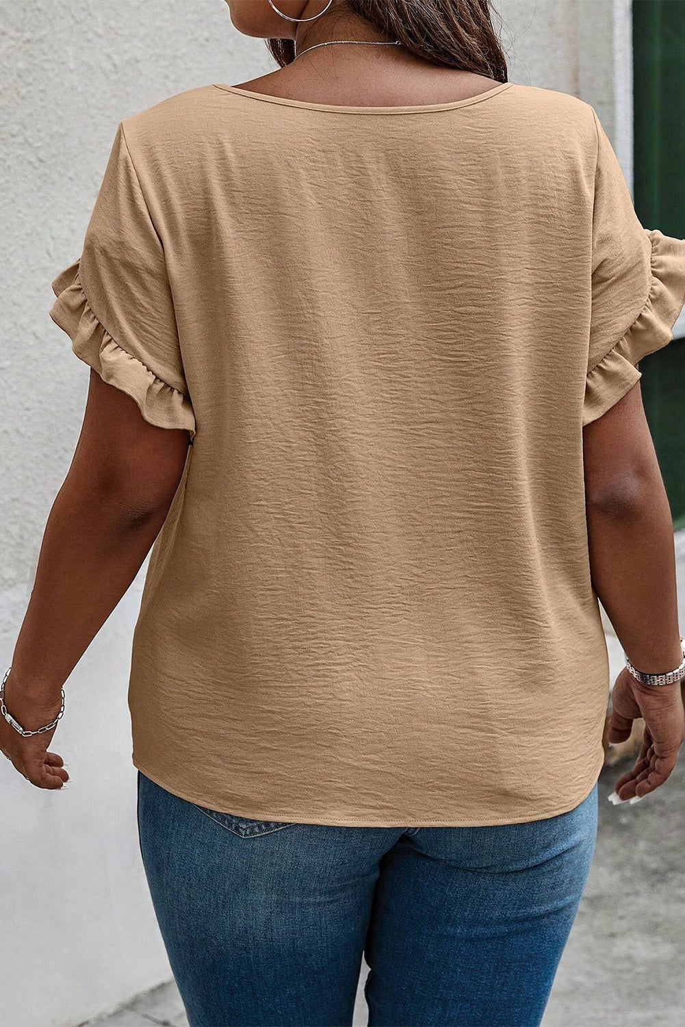 Plus Size Ruffled Petal Sleeve Round Neck T-Shirt - The Goddess Galleries