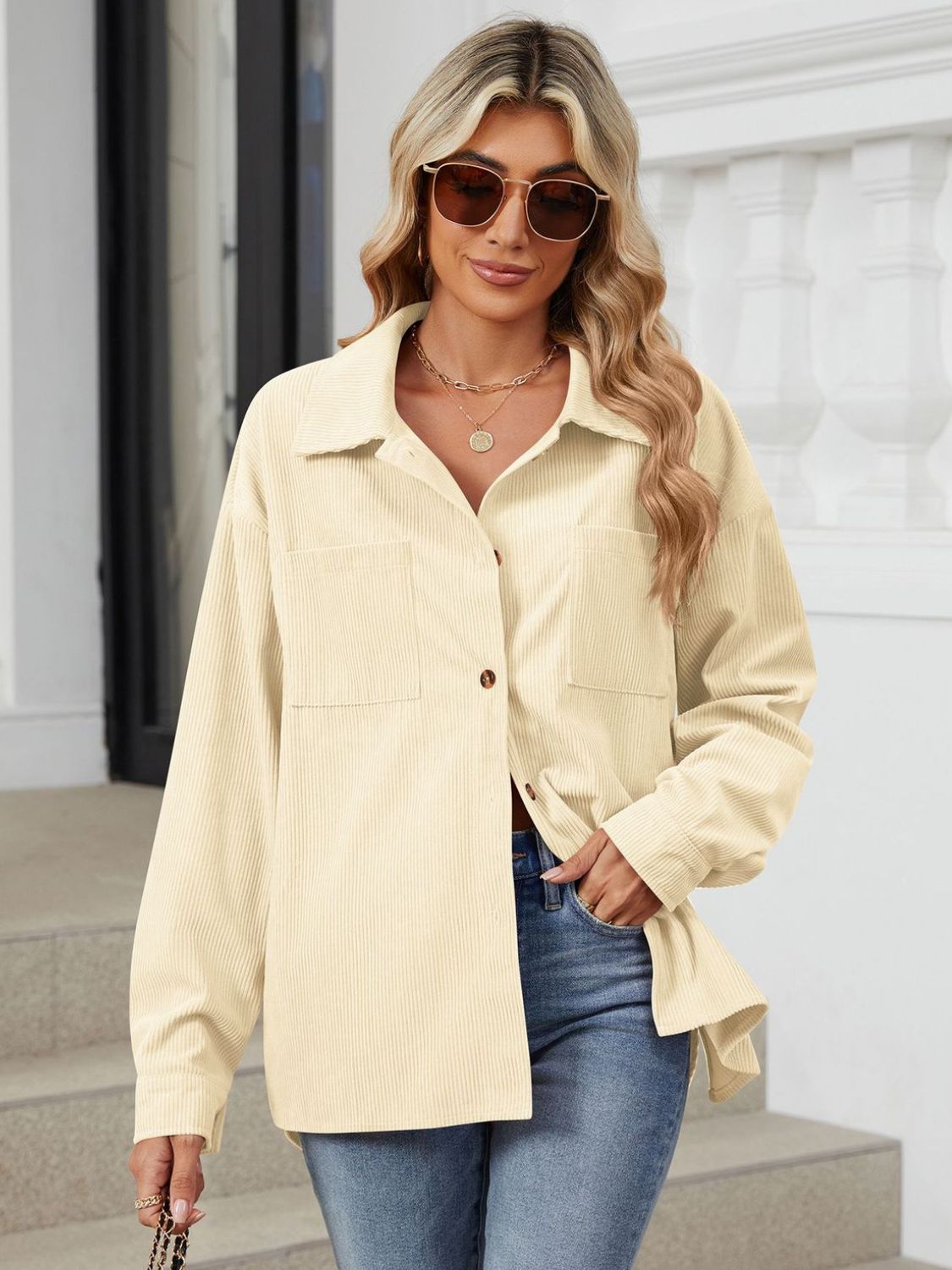 Button Up Long Sleeve Shirt with Breast Pockets - The Goddess Galleries