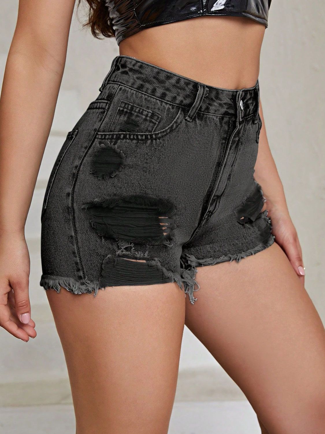 Distressed Raw Hem High Rise Denim Shorts - The Goddess Galleries