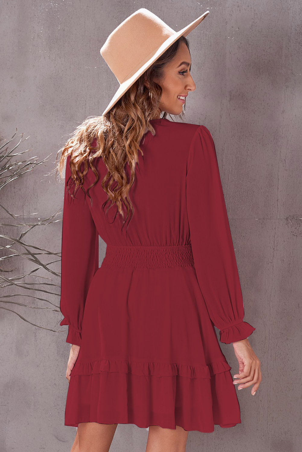 Tied Plunge Smocked Waist Flounce Sleeve Dress - The Goddess Galleries