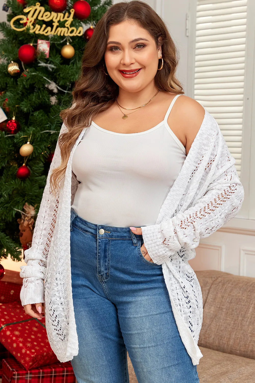 Plus Size Openwork Open Front Long Sleeve Cardigan - The Goddess Galleries