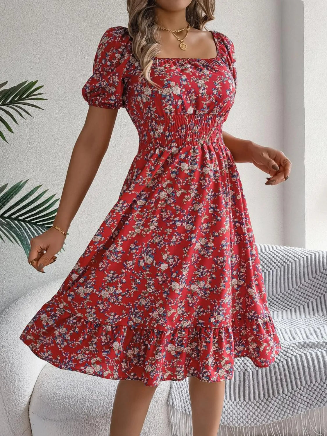 Ruffled Hem Floral Puff Sleeve Dress - The Goddess Galleries