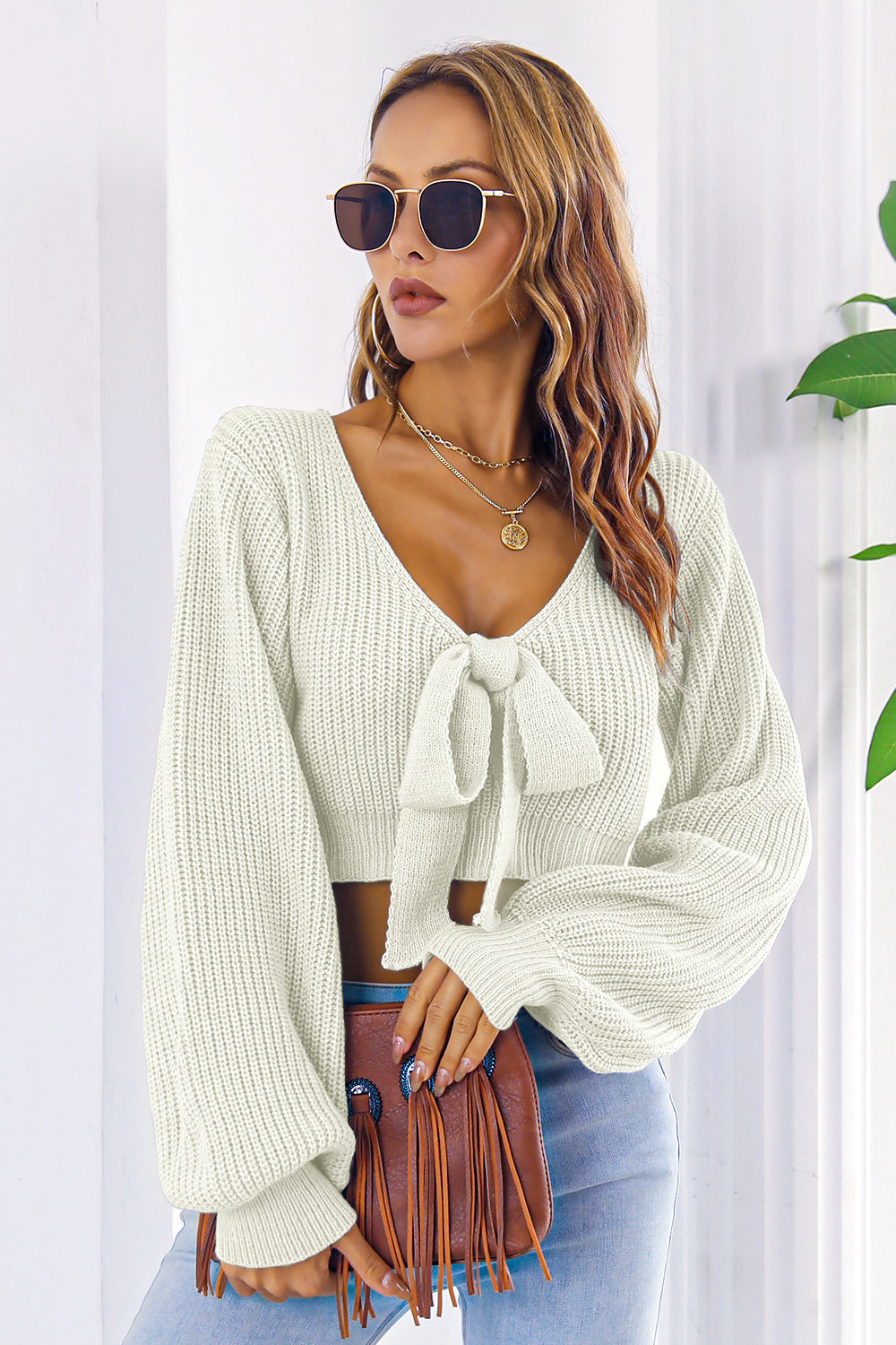 Bow V-Neck Long Sleeve Cropped Sweater - The Goddess Galleries