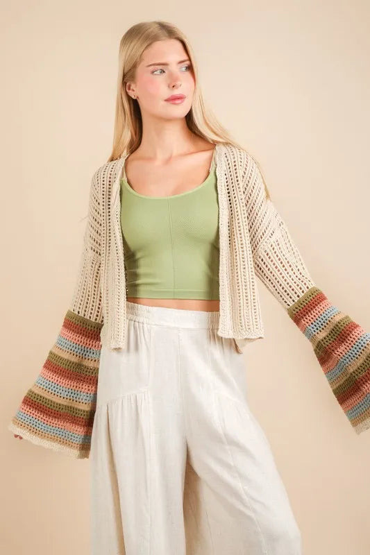 VERY J Color Block Bell Sleeve Openwork Cardigan - The Goddess Galleries