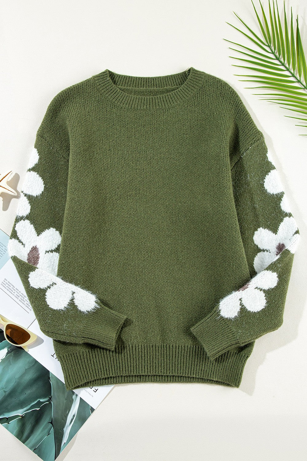 Flower Round Neck Long Sleeve Sweater - The Goddess Galleries