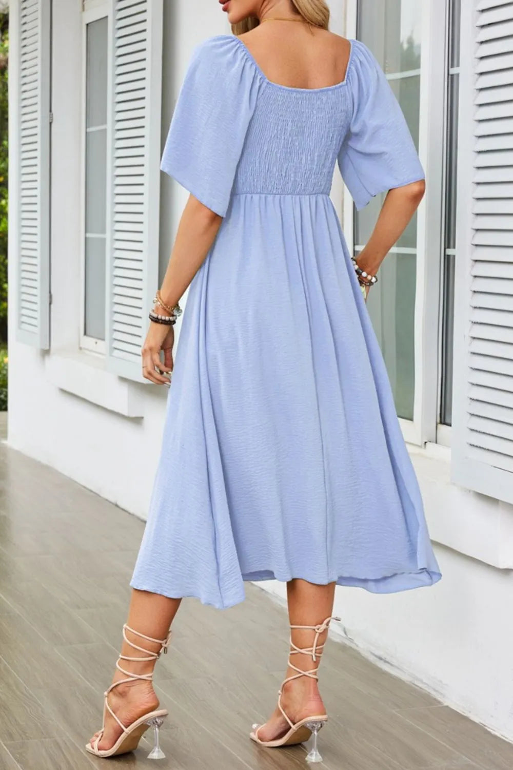 Smocked Tie Front Flutter Sleeve Midi Dress - The Goddess Galleries