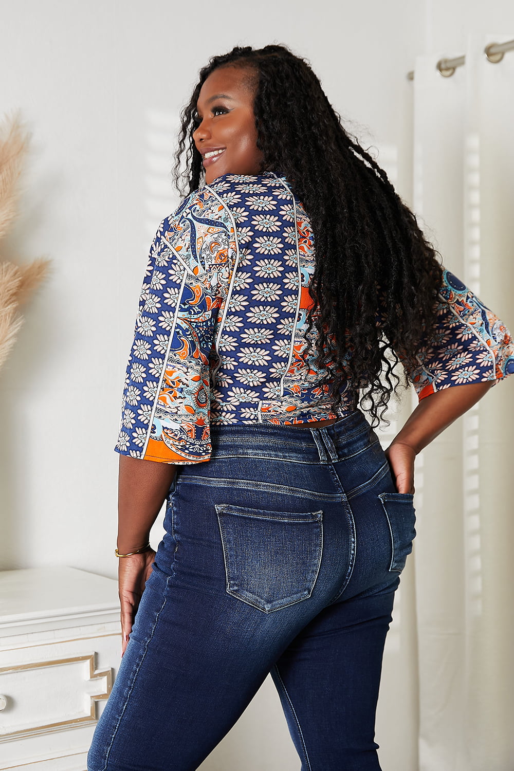 Tie Hem V-Neck Three-Quarter Sleeve Blouse - The Goddess Galleries