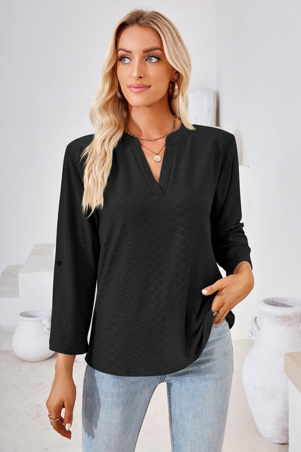 V-Neck Roll-Tap Sleeve Blouse - The Goddess Galleries