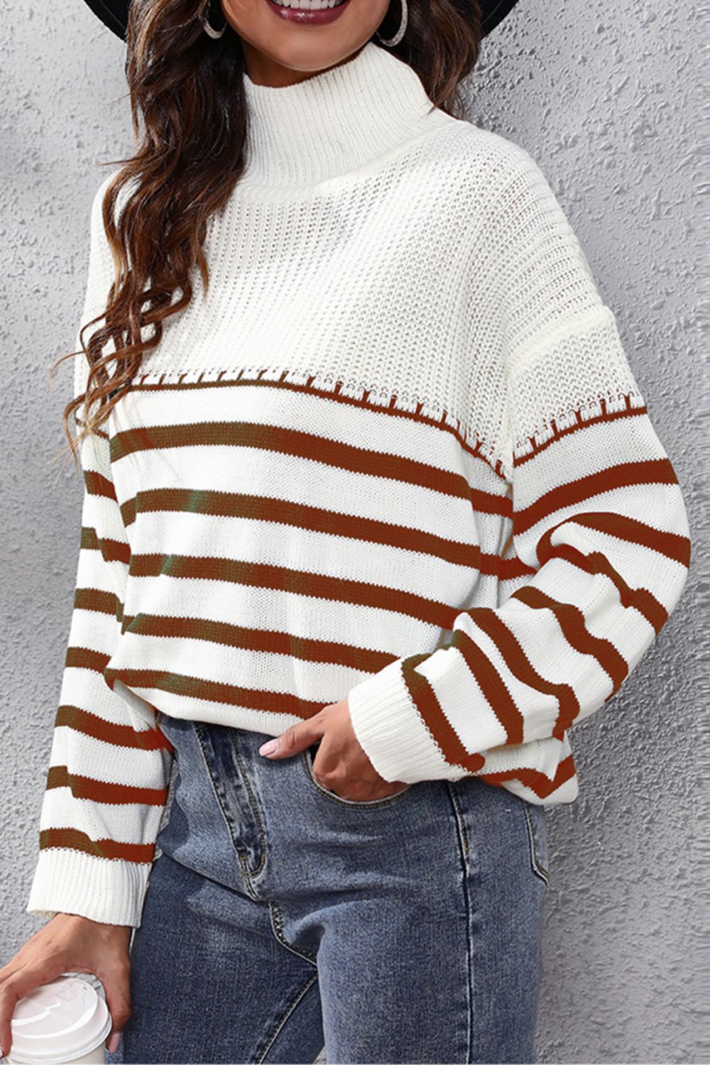 Striped Turtleneck Drop Shoulder Sweater - The Goddess Galleries