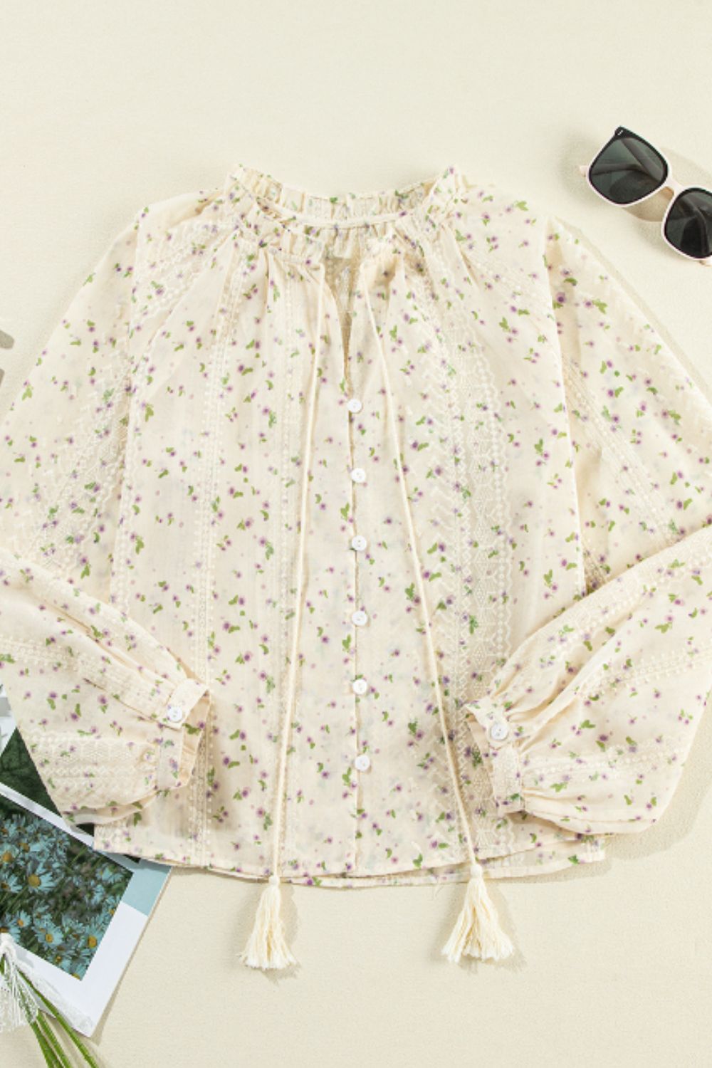 Frill Lace Detail Printed Tie Neck Long Sleeve Blouse - The Goddess Galleries