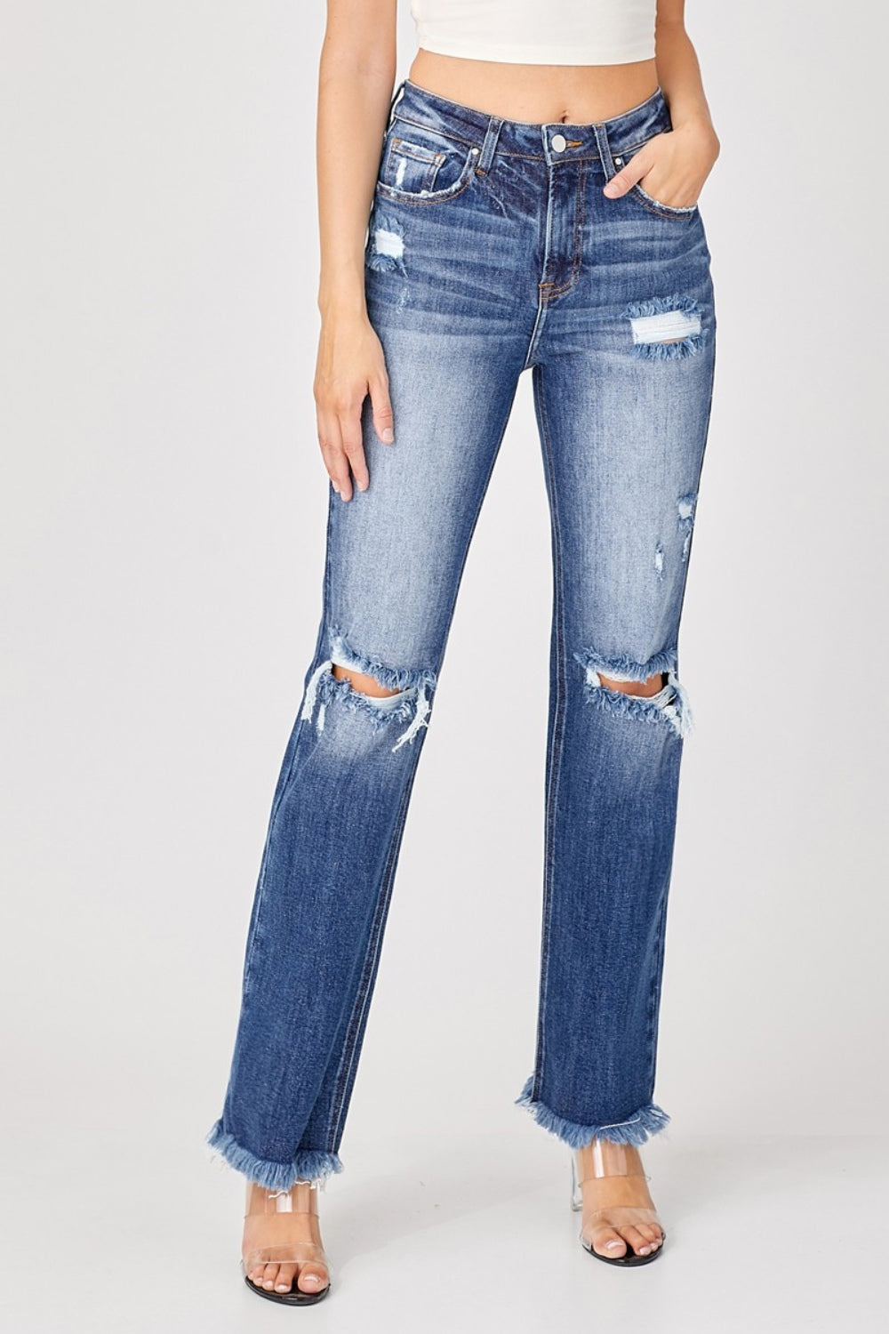 Risen Full Size Raw Hem Distressed Straight Jeans - The Goddess Galleries