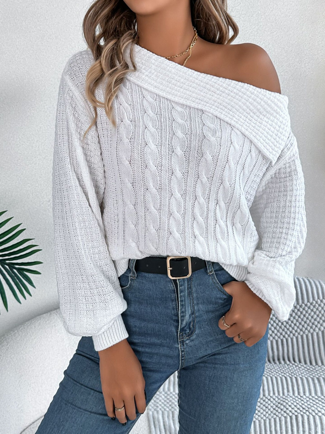 Cable-Knit One Shoulder Long Sleeve Sweater - The Goddess Galleries