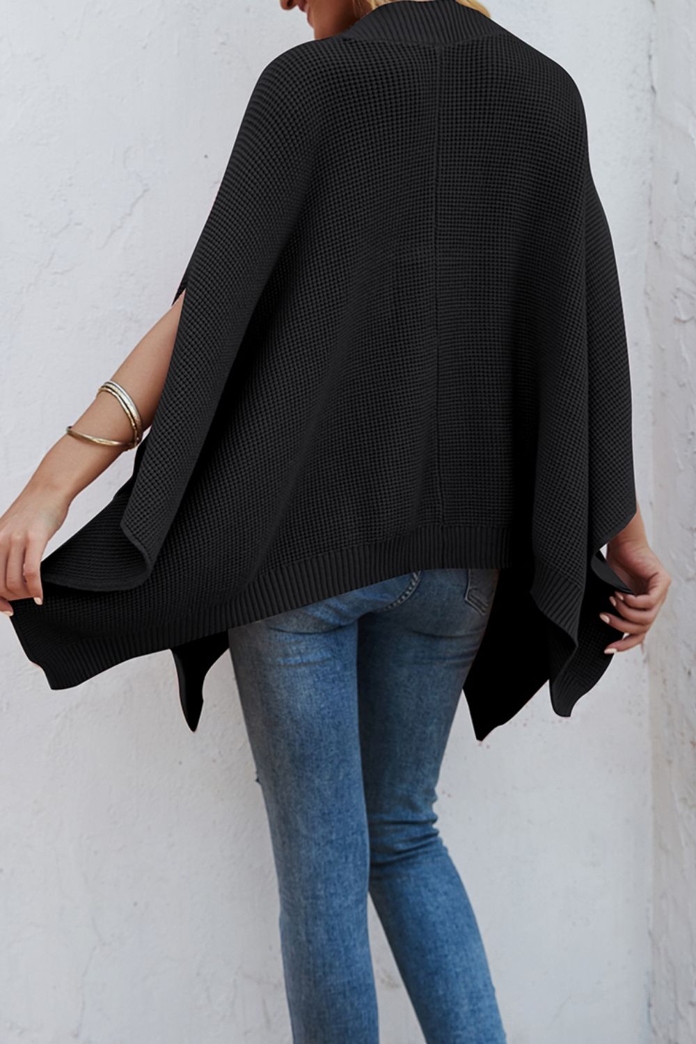 Waffle-Knit Pocketed Cape Sleeve Sweater - The Goddess Galleries