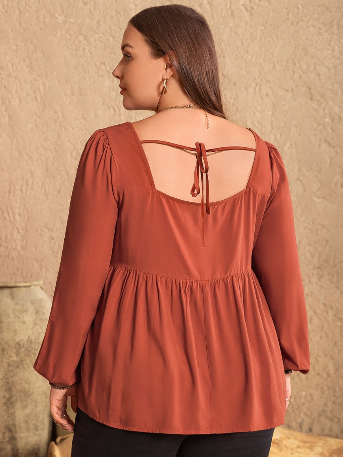 Plus Size Lace Detail Square Neck Long Sleeve Blouse - The Goddess Galleries