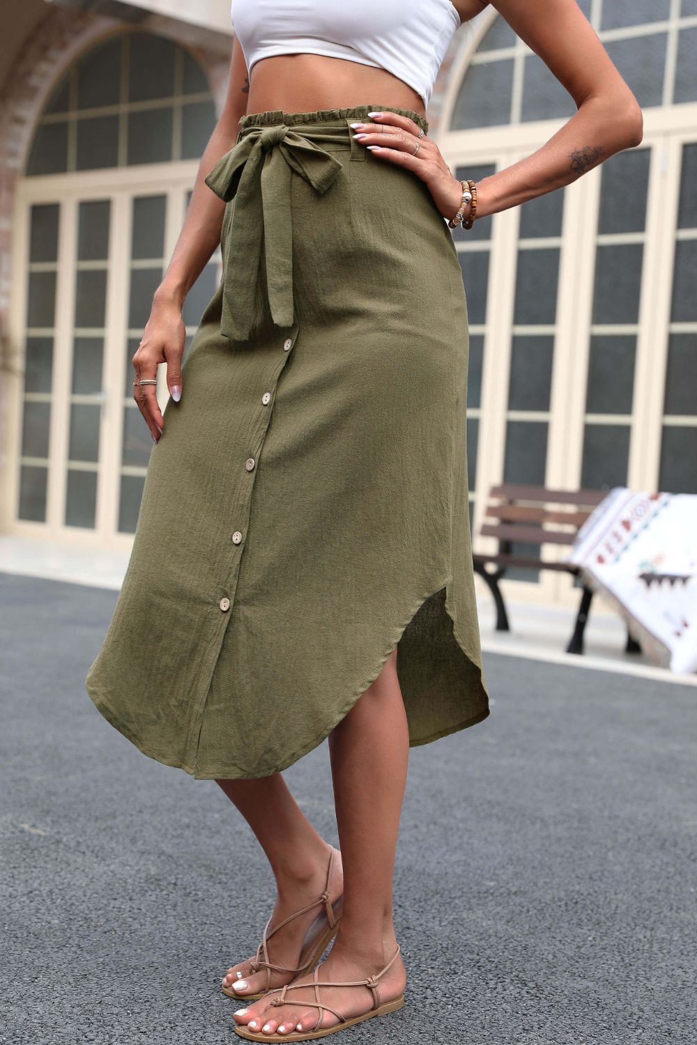Perfee Tie Belt Frill Trim Buttoned Skirt - The Goddess Galleries
